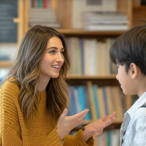 一位外籍英文老師與學生進行一對一教學，分享日常英語通識，背景是書籍和學習材料，強調輕鬆掌握日常英語的學習環境。