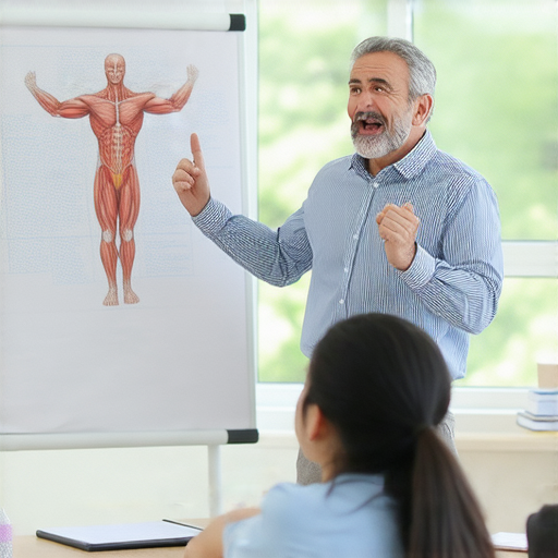 一位外籍英文老師正在授課，專注於肌肉腫脹與萎縮的正確說法，教室內有白板與學習資料，生動展示肌肉相關知識，促進學生理解。