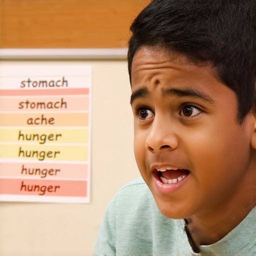 一位學生向外籍老師詢問關於肚子不適的情況，表情專注，旁邊有英文用語卡片，展示從肚痛到肚餓的相關詞彙，強調學習英語在健康問題上的重要性。