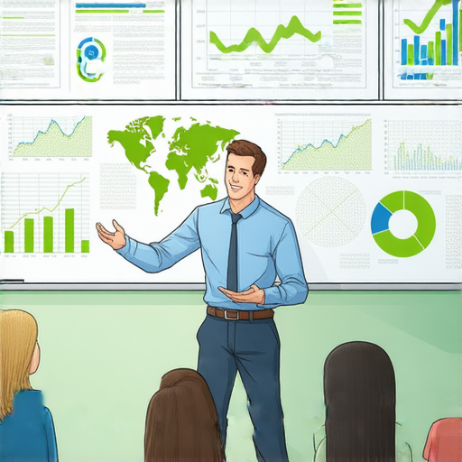 外籍老師與學生互動，探討股息、股東與股市的概念，背景有財經圖表，傳遞深入學習英文的主題。