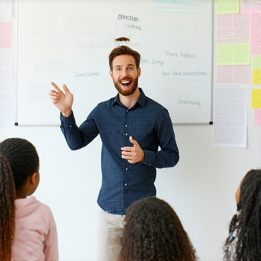 外籍英文老師教學場景，學生專注學習連接詞，提升英文水平，展現學習氛圍，掌握語言技巧，快速進步，立即探索英語學習新方法。