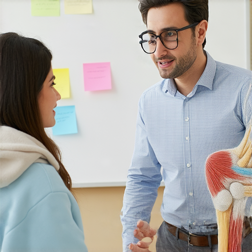 外籍老師指導學生深入探索髕骨與髖關節的結構，聚焦於解剖學細節，背景為教學環境，彰顯一對一的互動學習氛圍，增進對英文術語的理解。