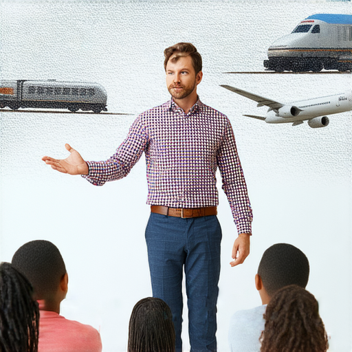 外籍英文老師指導學生了解運輸業，背景有交通工具的圖片，學生專心聆聽，輕鬆溝通運輸業的秘密，展現學習氛圍與語言交流的樂趣。