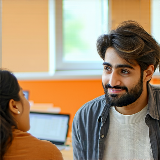 鬆懈的學習氛圍，外籍老師與學生互動，學生留著鬍子，神情專注，展示一對一英語教學的效果，適合希望克服情緒學習障礙的人士。