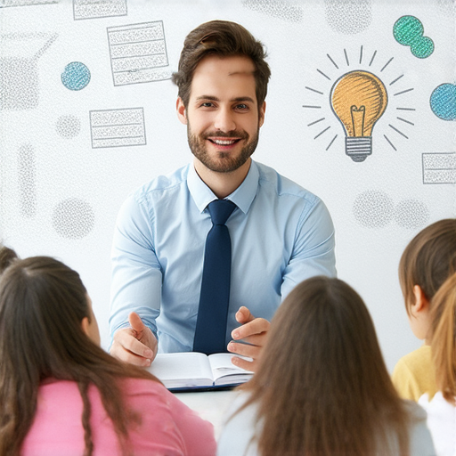 探索胸部、胺基酸與能源轉型的課程宣傳圖片，外籍老師引領學生學習英語，學生們專注互動，背景有學習工具，象徵知識的力量和學習的樂趣。