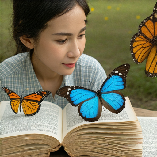探索蝴蝶世界的奇妙細節，外籍英文老師指導學生一對一的翻譯課程，學生專注聆聽，旁邊展現多種色彩繽紛的蝴蝶圖鑑，吸引人又富有學習氛圍。