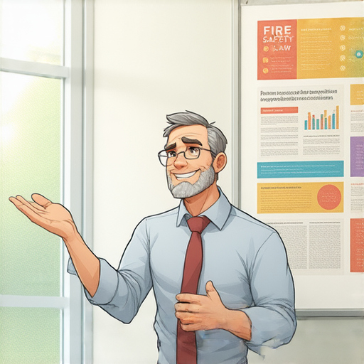 外籍英文老師講解消防條例的重要性，圖中展示學習防範法律風險的資料，提供安全知識與技巧，幫助避免違反消防條例的問題。