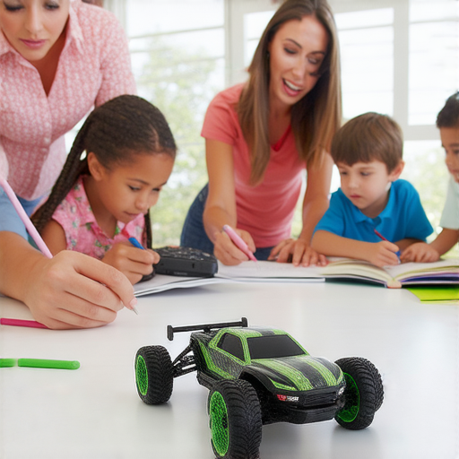 遙控器與遙控車的圖片，外籍老師引導學生探索英文學習的樂趣，展示互動學習環境，激發學生對英文世界的興趣，結合科技與語言教育。