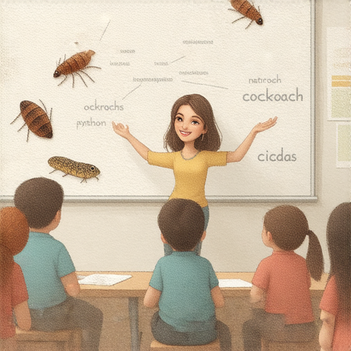 探索蟑螂、蟒蛇和蟬的圖像，外籍老師教授地道口語與英語學習的情境，展示生動的自然界和語言學習的結合，吸引學生對生物和英語的興趣。