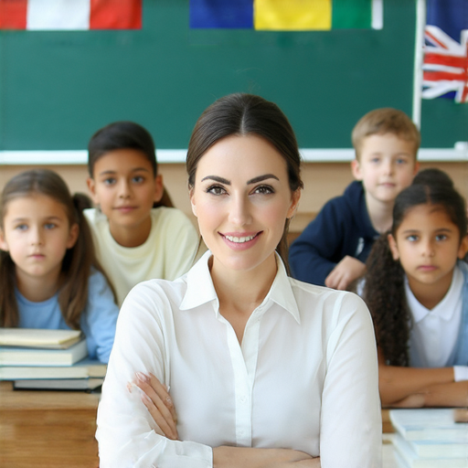 適應新環境的外籍老師正在指導學生提升英文能力，畫面中學生專注學習，背景顯示多元文化氛圍，展現習慣與挑戰的主題。