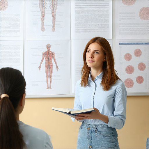 外籍英文老師進行一對一教學，學生專注學習，背景展示腫瘤與腰椎間盤突出相關資料，探索專業知識與技能提升。