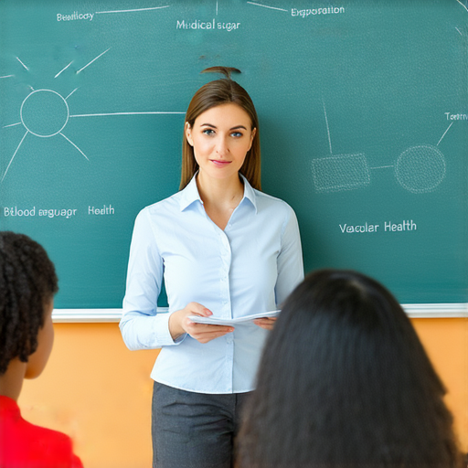 外籍英文老師一對一授課，教授血糖與血管相關專業術語，學生專注聆聽，黑板上寫滿學習重點，探索健康知識的奧秘，提升語言能力與醫學知識。