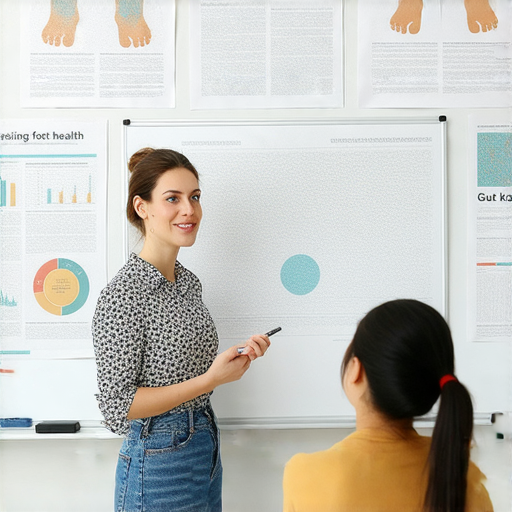 一位外籍英文老師與學生一對一教學，背景顯示腳部健康和腸道知識相關資訊，強調深入了解身體健康的重要性，並鼓勵立即預約課程。