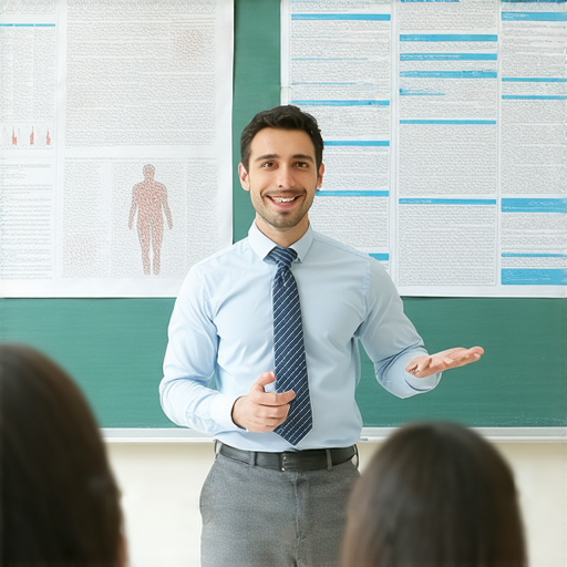 外籍英文老師在教室內，專注指導學生了解腹部健康的專業術語，背景有相關海報，氛圍輕鬆愉快，展現學習的樂趣與知識的交流。