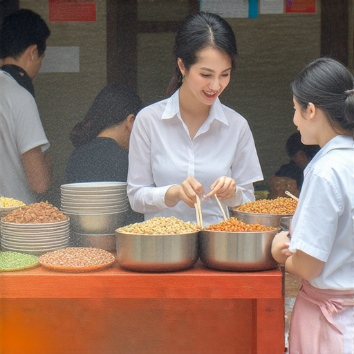 街頭美食與表演的學習場景，外籍老師一對一教學，學生練習街頭英語，提升語言技能，享受美食與文化交流，報名活動吸引人。