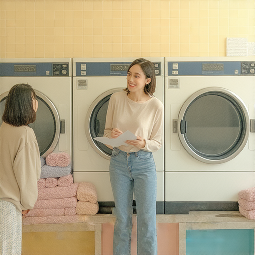 在自助洗衣店學習英語的場景，外籍老師與學員進行一對一的對話，教學互動，學習流利英文的熱情氛圍。