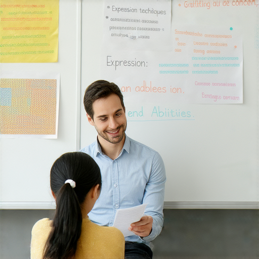 外籍老師一對一教學中，學生專注學習英語表達技巧，內容包括感謝、關心與能力，提升語言能力和交流技巧，體驗英語學習的樂趣。