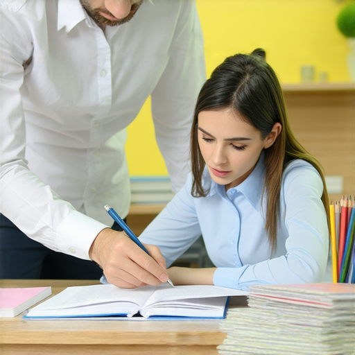 外籍老師一對一教學場景，學生專心學習英語，桌上有學習資料和筆記，展現輕鬆愉快的學習氛圍，探索英語世界的過程中，從衰弱到提升的進步。