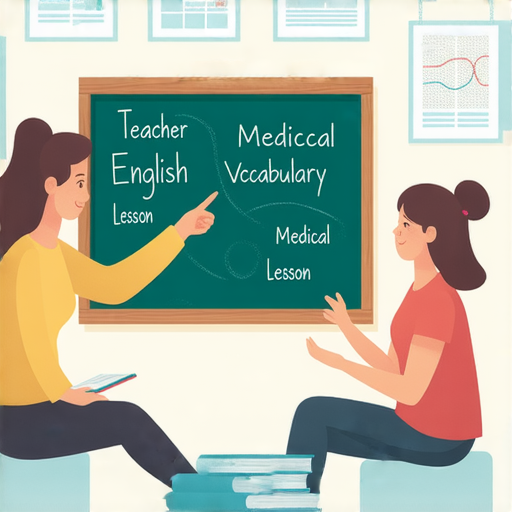 掌握醫療英語的關鍵詞，外籍老師一對一教學課程，提升專業能力，立即預約，圖片展示學習過程和互動情景。