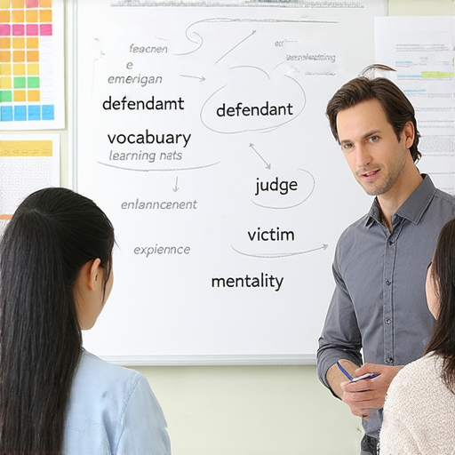 探索被告、裁判與被害妄想症等英語詞彙的教學圖片，顯示外籍老師與學生進行一對一英語學習，提升英文水平，讓學習者掌握法律相關詞彙。