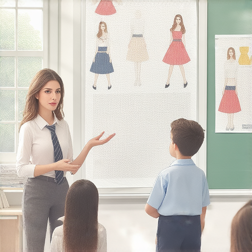 探索時尚英文的課堂，外籍老師示範裙子和補件的名稱及用法，學生互動學習如何流利溝通時尚詞彙，營造輕鬆學習氛圍。