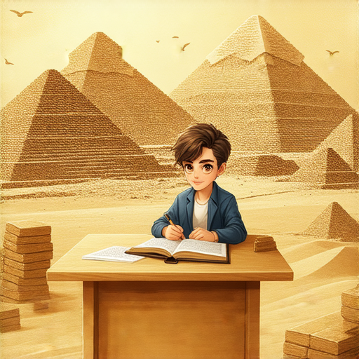 外籍英文老師與學生一對一教學場景，專注於探索金字的魅力，透過互動式學習提升語言能力，背景展示金字塔主題裝飾，營造探索氛圍。