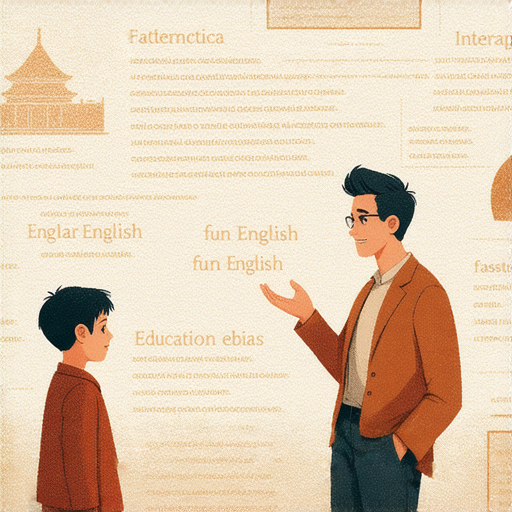 外籍老師一對一教學場景，學生在學習英文小知識，背景包含西班牙語、西裝外套和西藏元素，展現輕鬆有趣的學習氛圍，助你掌握英語。