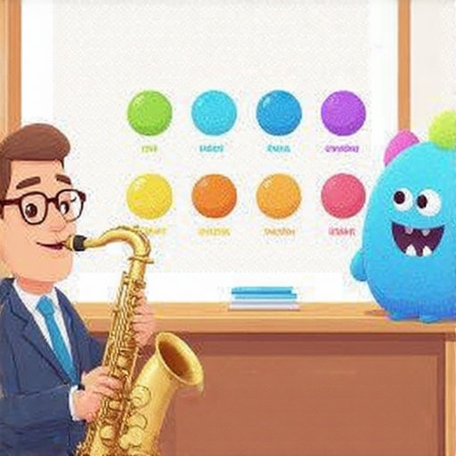 色士風與色鬼互動的場景，展現學習色彩英文的樂趣，外籍老師一對一教學，幫助學生掌握色彩詞彙及發音，提升英文能力，豐富語言學習體驗。