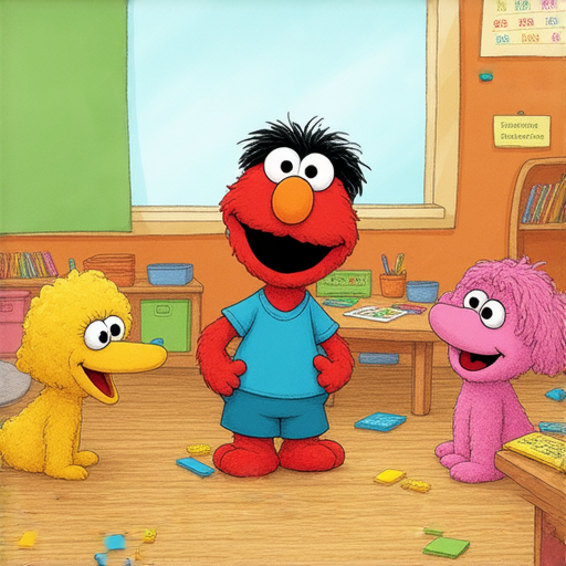 芝麻街的角色在傳授流利英文的外籍老師身邊，色彩繽紛的教室環境中展現互動學習的場景，透過有趣的方式探索芝麻的世界，讓學習變得輕鬆愉快。