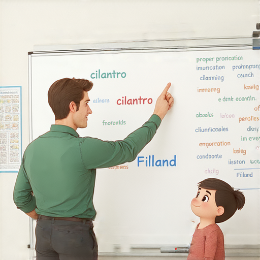 一位外籍老師在教學生學習正確的芫荽和芬蘭的英文，背景為教學環境，強調一對一的教學模式，適合希望提升語言能力的學習者。