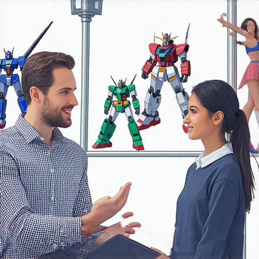 一對一外籍英文老師指導學生學習英文技巧，背景展示鋼彈模型與鋼管舞，強調學習與娛樂的結合，提升英文能力，立即探索學習新方法。