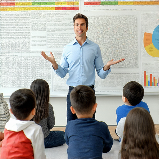 外籍老師在教室中教授英文，學生們聚精會神地學習有關錢和財富的知識，探索如何掌握財務智慧與財富的真諦，背景有財務圖表和金錢相關書籍。