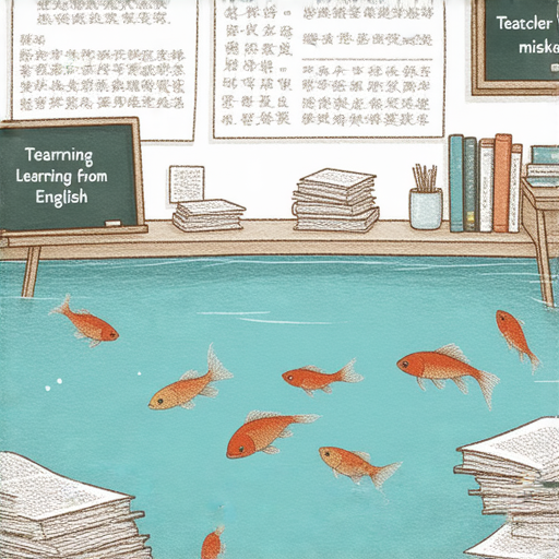 掌握英文關鍵詞的教學圖片，展示外籍老師輕鬆學習英語過程，包含錦鯉和各種學習材料，強調從錯誤中學習，吸引學生立即探索更多英文學習資源。