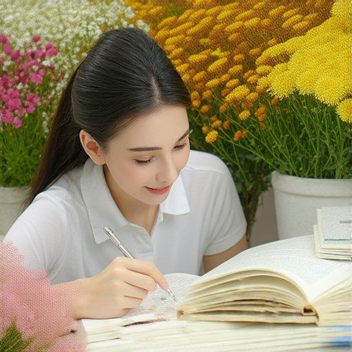 與外籍老師一對一學習花卉英文名稱的圖片，學生專注聆聽，積極互動，提升英文能力，背景展示各種花卉與教材，營造學習氛圍。