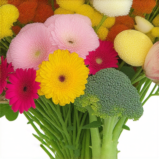 探索花的世界的圖片，展示了色彩繽紛的花卉以及花樣游泳的動態表現，並且旁邊有新鮮的花椰菜，讓人聯想到自然之美和健康飲食。