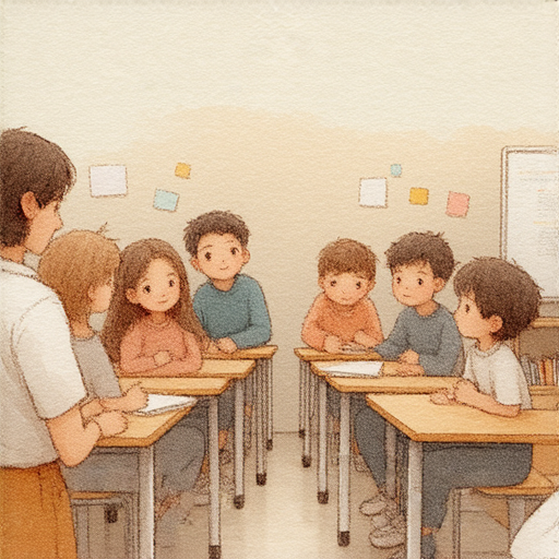 一位外籍老師與學生一起探索英文世界，老師使用鎮定劑的概念來解釋學習技巧，背景中有鏡子反射出學習氛圍，展現輕鬆學習的環境。