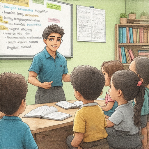 探索鐘聲背後故事的圖片，展示外籍老師與學生互動學習英文，深入每個字彙的魅力，揭開語言的奧秘，促進文化交流，提升學習動力，鼓勵學生積極參與。