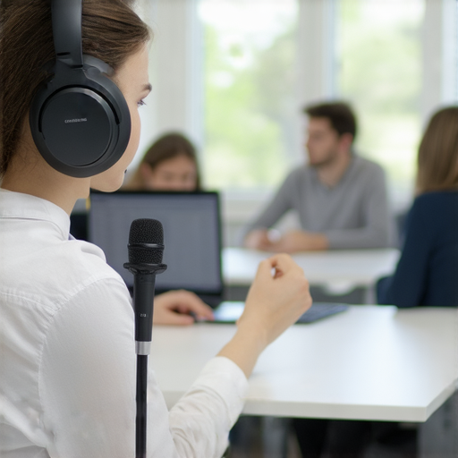 鐵三角耳機、專業支架和外籍老師進行一對一英語教學的場景，展示創新的教學方式，提升學習體驗，加強聽力與口說能力，打造高效學習環境。