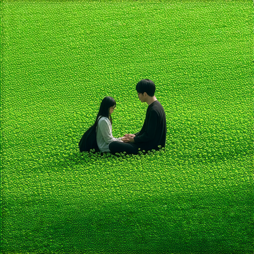 外籍老師與學生一對一交流，學習英文，背景中是苜蓿田，象徵著苦與香的故事，探索苜蓿的神秘面紗，提升語言能力。