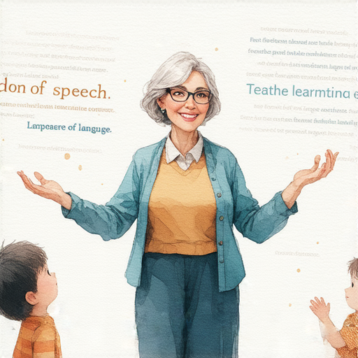 解密言語治療與言論自由的概念，展示外籍英文老師透過一對一教學模式，幫助學生提升溝通能力，探索語言的魅力與潛力，體驗互動學習的樂趣。