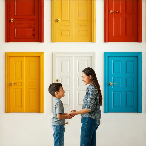 一位老師正與學生面對面學習英語，背景中有各種門的圖片象徵著不同的學習途徑，表達破解門的奧秘的主題，強調一對一英語學習的重要性。