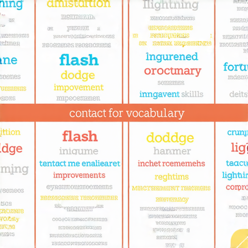 英文單字揭密學習圖片，展示閃光、閃避、閃電等詞彙，提供外籍老師聯繫資訊，鼓勵即刻開始英文學習，掌握詞彙技巧，提升語言能力。