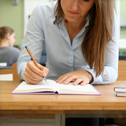 突破英文寫作障礙的學習場景，學生與外籍老師一對一教學，強調技巧掌握，提升作文能力，書桌上有筆記本和寫作工具，展現專業與學習氛圍。