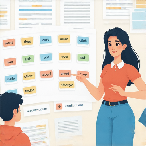 立即提升英語能力的圖片，展示英文單詞大全和外籍老師一對一教學的情境，強調學習過程中的互動和資源，讓學習者發掘詞彙增強語言能力。