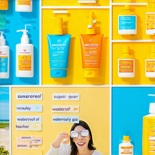 防曬與防水完全攻略圖片，展示防曬霜、防水產品及相關詞彙學習，外籍老師示範防曬技巧，讓學習更加輕鬆有趣。