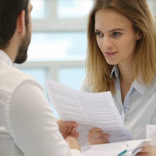 外籍老師與學生一對一互動，進行英文商業文件教學，提升人際商業溝通能力，學生專注學習，桌上放有筆記本和文件，營造專業學習環境。