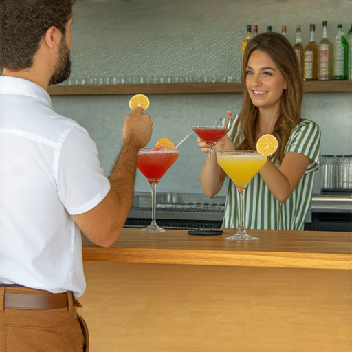 外籍老師在教授調酒術與調情藝術的一對一課程，學員專注學習，提升英語技能及社交能力，場景輕鬆愉快，互動性強。