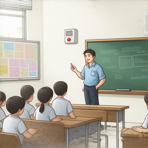 外籍老師在教室中演示警鐘和護具，學生們專注聆聽，學習專業術語，提升英文能力，專業術語解鎖，輕鬆掌握實用英文。