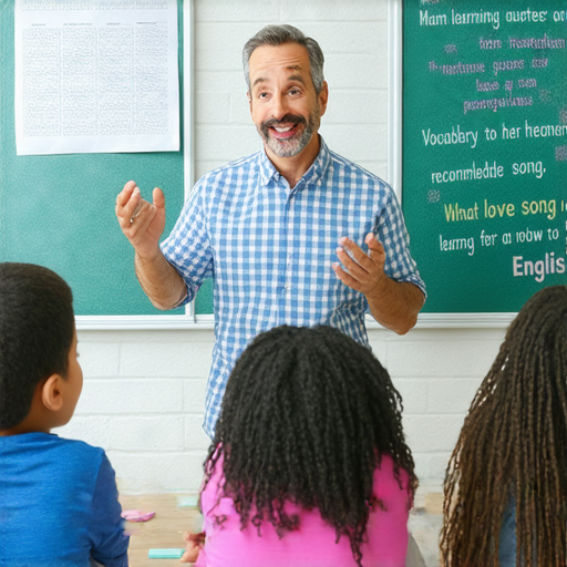 一位外籍老師與學生互動，教學環境充滿活力，背景有心情語錄、單字表和情歌推薦，幫助學生提升英文能力，增進語言學習的樂趣和自信。