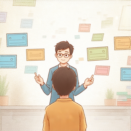 外籍老師一對一教學，學生與老師互動學習英文，涵蓋支票、故事與收據的奧秘，展現探索英文的樂趣與魔力，提升語言能力，營造輕鬆學習氛圍。